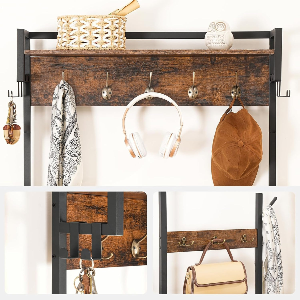 Hall Tree with Shoe Bench, Drawer and Coat Hooks, Rustic Brown