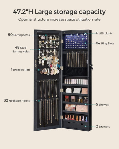Lockable Mirrored Jewelry Armoire with 6 LEDs, Wall Mount, Black