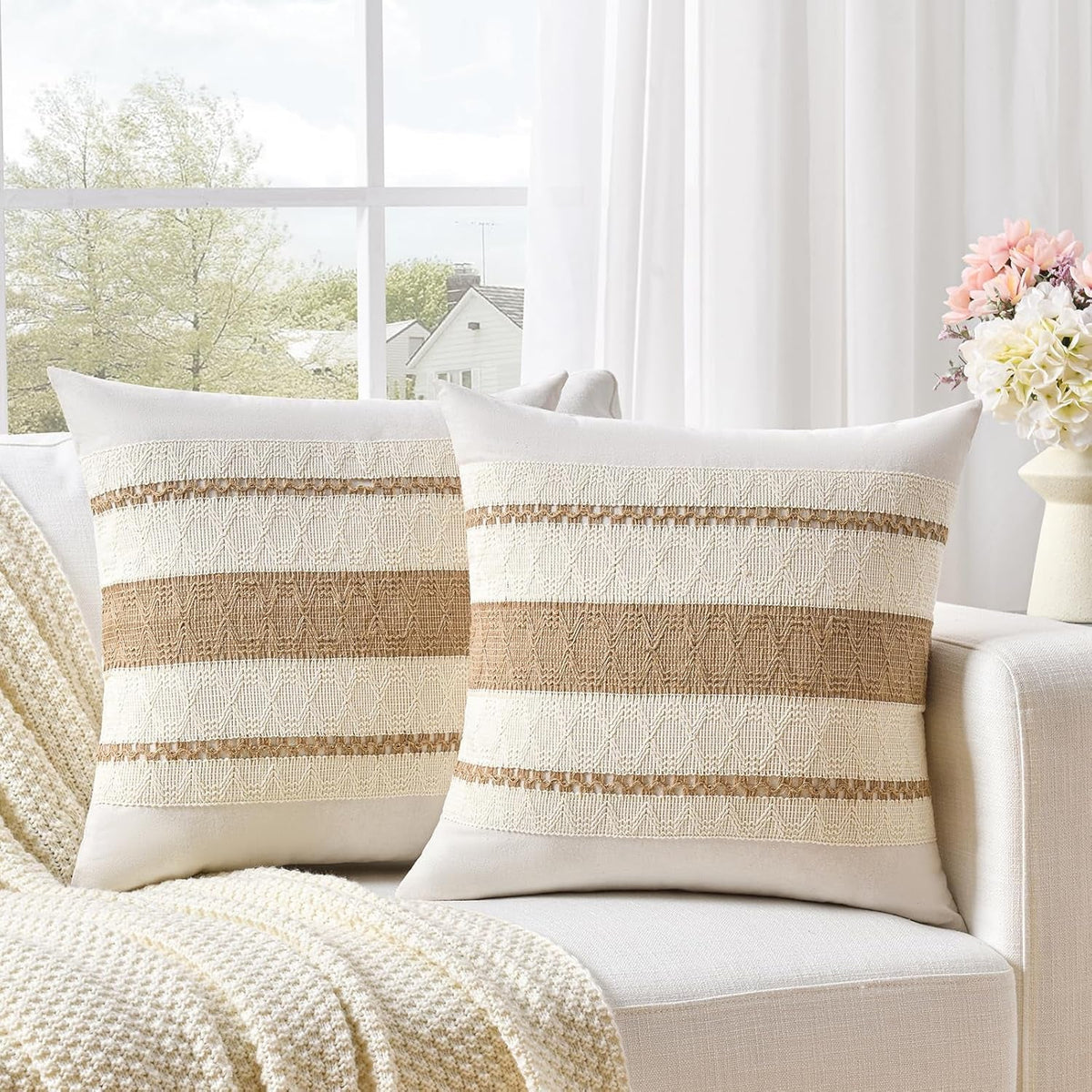 Set of 2 Boho Neutral Decorative Throw Pillow Cover 18X18 Inch for Couch Bed Sofa, Aesthetic Modern Organic Farmhouse Home Decor, Soft Cotton Cute Accent Macrame Woven Tan Cushion Case