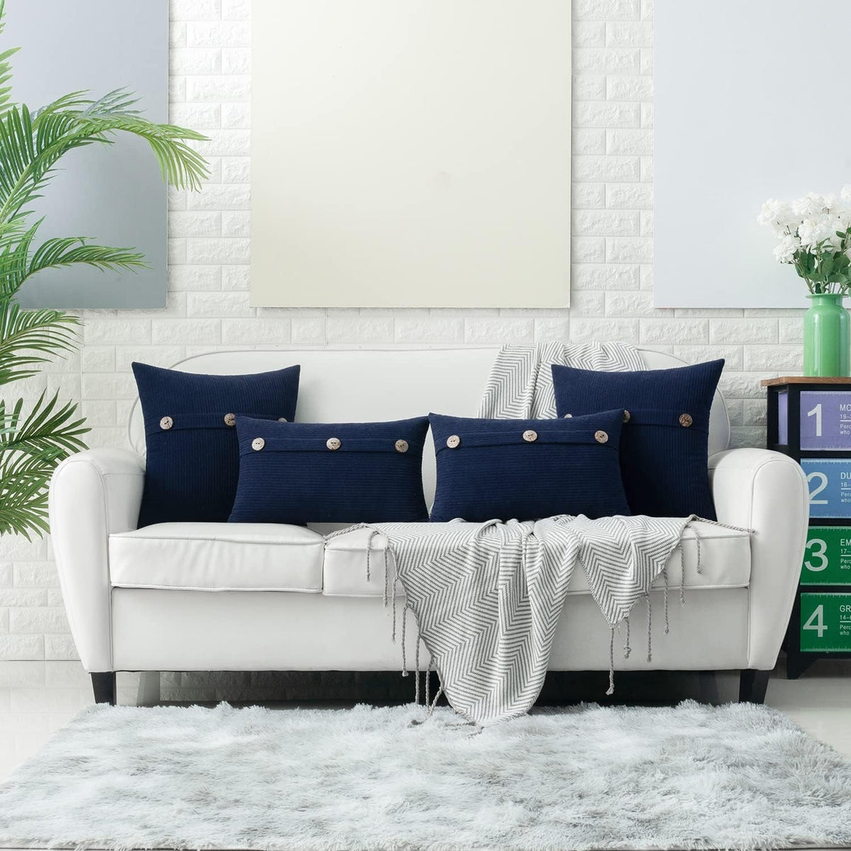 Navy Blue Chenille Throw Pillow Covers 18X18 Inch with Triple Buttons, Soft Farmhouse Accent Decorative Cushion Cases for Couch Sofa Bed Living Room Pack of 2