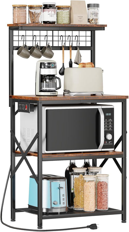 Kitchen Bakers Rack with Power Outlet, Microwave Oven Stand with Storage 4 Tiers, Coffee Bar Table with 6 S Hooks, Kitchen Storage Shelf Rack for Spices, Pots, Rustic Brown