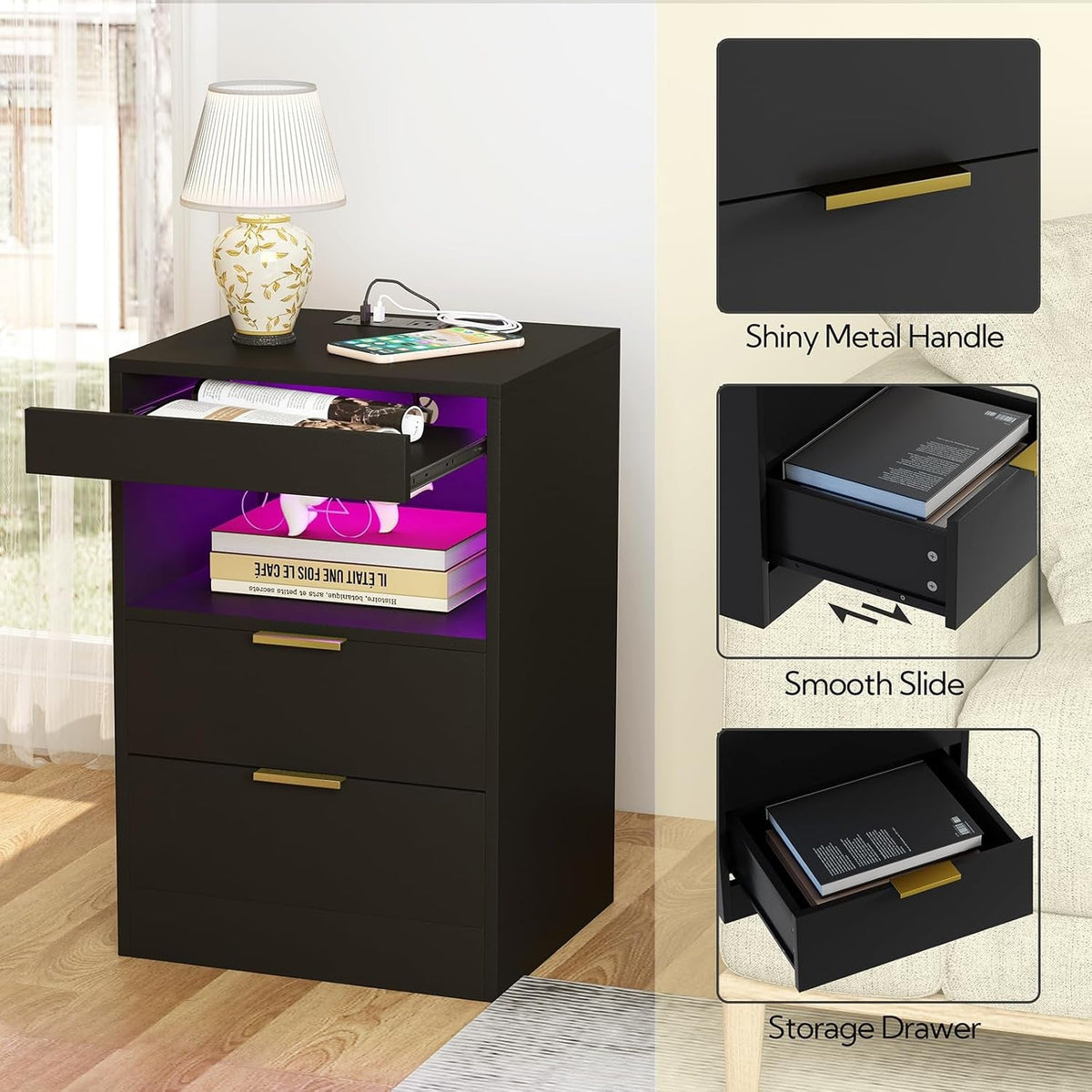 Night Stand, Bedside Table, LED Nightstand with Charging Station, Modern Night Stand, Wood Sofa Couch End Side Table with 2 Pull-Out Shelf (Black)