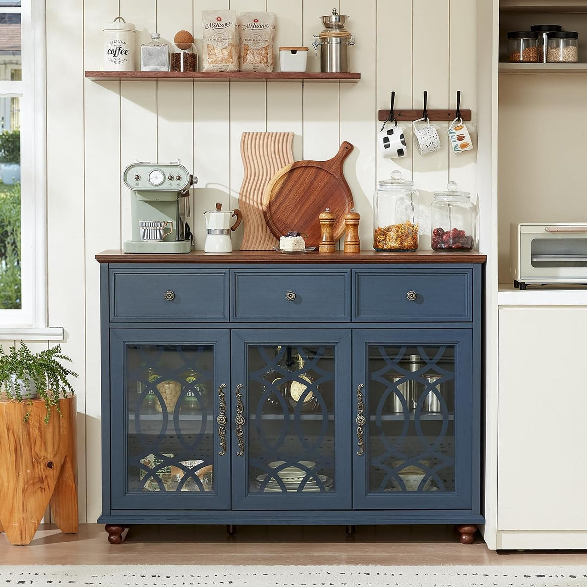 Farmhouse Sideboard Buffet Cabinet with Storage,48" Large Credenza with 3 Glass Doors & 3 Drawers,Adjustable Shelves Console Table,Wood Kitchen Coffee Bar for Dining Room,Living Room,Navy Blue