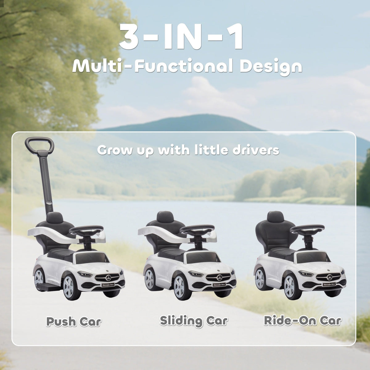 Mercedes-Benz C-Class Licensed Ride-On Push Car, Baby Stroller Walking Car with Parent Control Handle, Horn, White