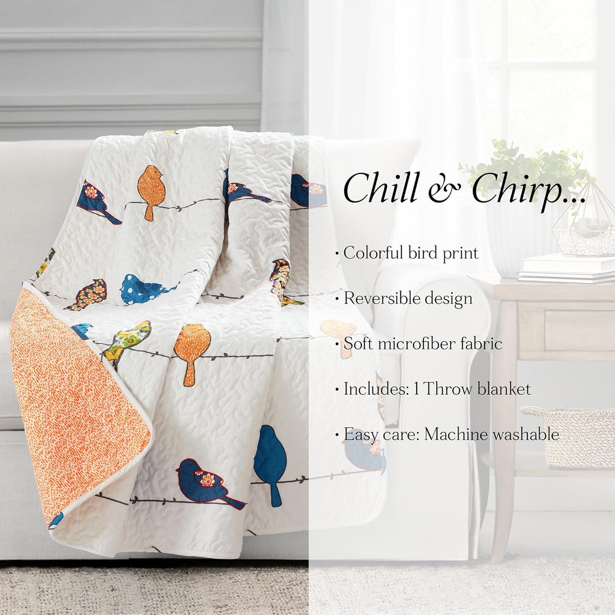 Rowley Birds Reversible Throw Blanket, 50" W X 60" L, Multi - Throw Blankets for Bed - Couch Blanket - Farmhouse Throw Blanket for Couch