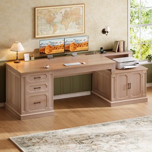 Farmhouse 70.9" Executive Desk, Home Office Desk with File Drawers and Storage Cabinet, Computer Desk with Power Outlet for Home Office, Work Study Writing, Oak