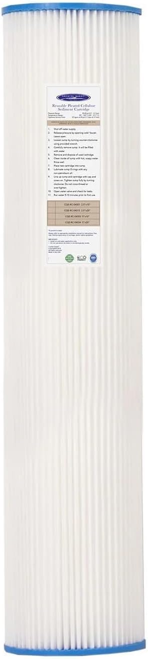 Crystal Quest Pleated Cellulose Sediment Cartridge - 4-5/8" x 20" - 5 Micron Filtration - Durable & Long-Lasting - High Dirt-Holding Capacity - Fits Residential & Commercial Systems