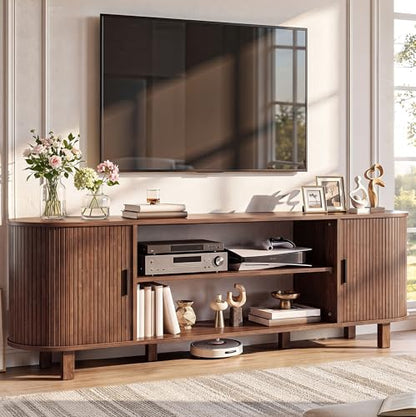 70" Mid Century TV Stand with Fluted Sliding Doors, Walnut