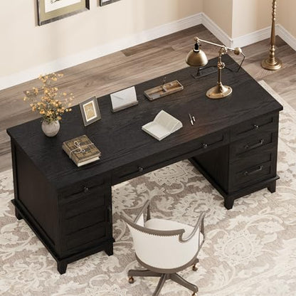 Farmhouse Executive Desk with File Drawers, 60 in Home Office Desk with Charging Station, Wooden Computer Desk with Cabinet Storage for Work Study Writing, Rustic Black