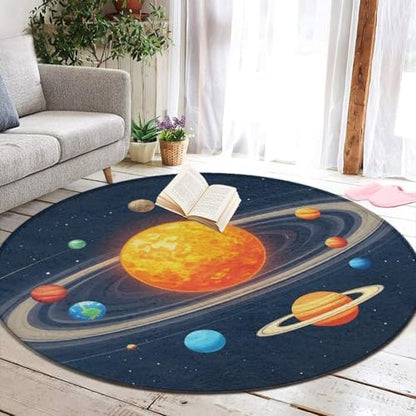 Women's Large Home Decor Mat, Soft Round Yoga Carpet, Non Slip Machine Washable Home Office Circle Rug Solar System Space