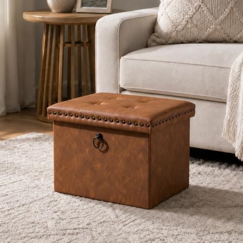 Folding Storage Ottoman 16x12x12 inches, Small Faux Leather Foot Rest Stool with Button Tufted Rivet Design, Footstool Bench, Ottoman with Storage for Living Room Bedroom Coffee Table, Brown