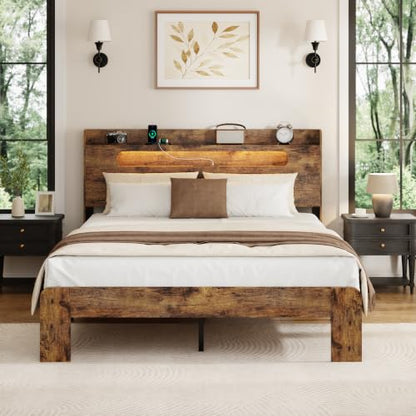 Queen Bed Frame, 2-Tier Storage Headboard Platform Bed, Rustic Brown | Farmhouse Wooden Bed Frame with Charging Station and LED Light, Heavy Duty Wood Slat Support, No Box Spring Needed