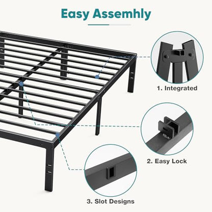 14In Metal Queen Bed Frame with Storage Space, No Box Spring Needed with Sturdy Steel Slat Support, Heavy Duty and Easy Assembly, Platform Bed for Bedroom, Black
