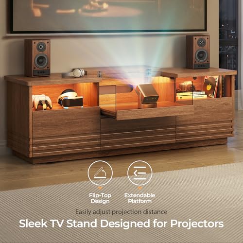 Fluted TV Stand with LED, Mid-Century Modern TV Cabinet, Brown