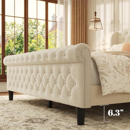 Queen Platform Bed Frame, Velvet Upholstered Sleigh Bed with Wingback Tufted Headboard and Footboard, Noise-Free Design, Easy Assembly, No Box Spring Needed, Light Beige