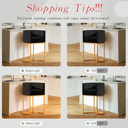 24" Modern Counter Height Bar Stools,Velvet Fabric Upholstered Barrel Barstools with Backs,Island Chairs Bar Stools Set of 1,Metal Gold Frames,Ink Black Velvet