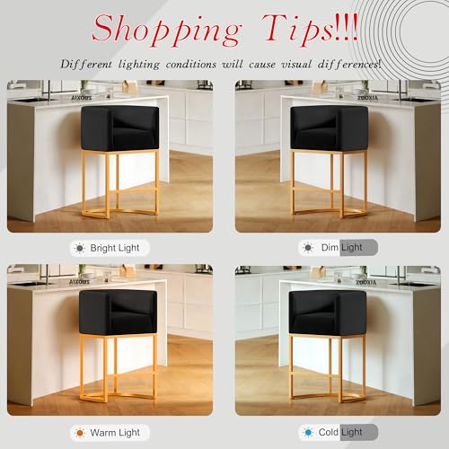 Modern Counter Height Bar Stools,Bar Stools Set of 3,Velvet Fabric Upholstered Barrel Barstools with Backs,24'' Kitchen Island Chairs,Metal Gold Frames,Ink Black Velvet