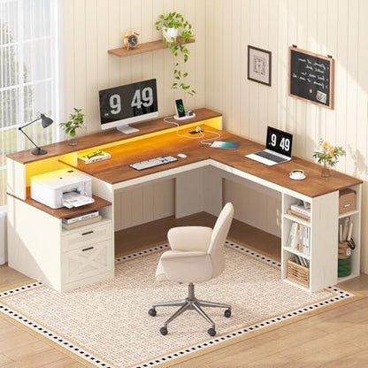 63" Farmhouse L Shaped Desk with Drawers & Storage Shelves for Home Office
