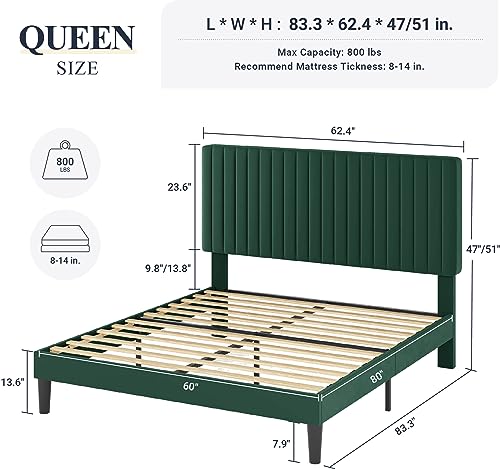 Queen Bed Frame, Velvet Upholstered Platform Bed with Adjustable Vertical Channel Tufted Headboard, Mattress Foundation with Strong Wooden Slats, Box Spring Optional, Easy Assembly, Green