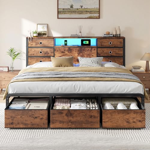 King Size Bed Frame with 9 Drawers and Charging Station,Brown | Storage Headboard Shef,LED Lights,Supports 880 lbs,Noise-Free,No Box Spring Needed,Easy Assembly