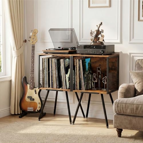 Record Player Stand with Storage Holds 100+ Vinyl Records, Industrial Turntable Stand with Storage Shelf, LP Album Organizer Cabinet for Small Spaces,Rustic End Table