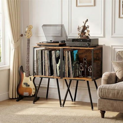 Record Player Stand with Storage Holds 100+ Vinyl Records, Industrial Turntable Stand with Storage Shelf, LP Album Organizer Cabinet for Small Spaces,Rustic End Table