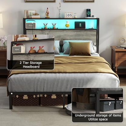 Queen Size Bed Frame with 2-Tier Storage Headboard, Rustic Grey | Wooden headboard with LED lights, built-in charging station, No Box Spring Needed, Noise Free, Easy Assembly, Modern Bedroom