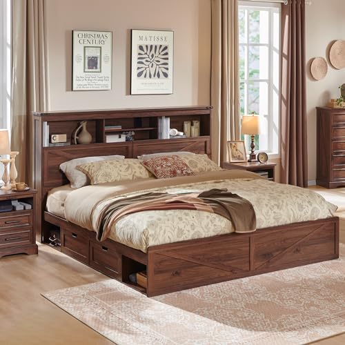Farmhouse King Bed Frame, 52-Inch LED Storage Headboard, Brown