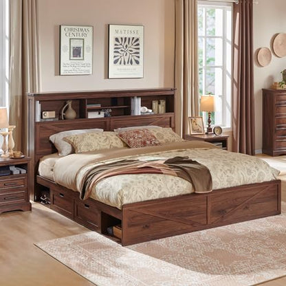 Farmhouse King Bed Frame, 52-Inch LED Storage Headboard, Brown