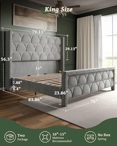 King Size Bed Frame with 56" Headboard - Velvet Upholstered Wingback Platform Bed Frame, Noise Free, Sturdy Wooden Slat Support (Deep Gray, King)