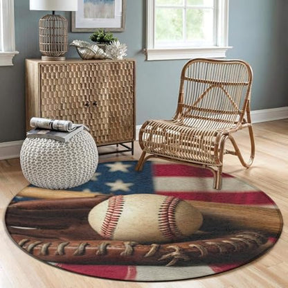 Fashion Round Area Rug Large Non Slip Carpet, Retro Baseball American Flag Unisex Home Decor Mat