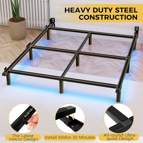 Queen Bed Frame with LED Light, 7 Inch Heavy Duty Metal Base for Box Spring