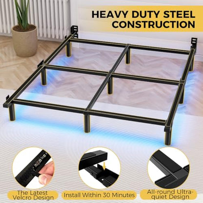 Queen Bed Frame with LED Light, 7 Inch Heavy Duty Metal Base for Box Spring