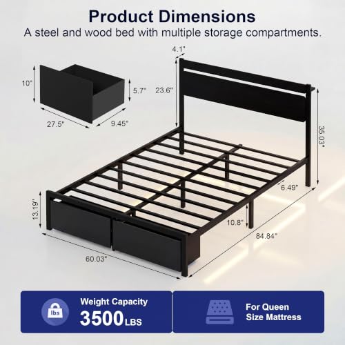 Queen Bed Frame with Drawers, Platform Bed with LED Lights & Charging Station, Wood Headboard, Strong Metal Slats Support, No Box Spring Needed, Noise Free, Easy Assembly
