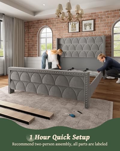 King Size Bed Frame with 56" Headboard - Velvet Upholstered Wingback Platform Bed Frame, Noise Free, Sturdy Wooden Slat Support (Deep Gray, King)