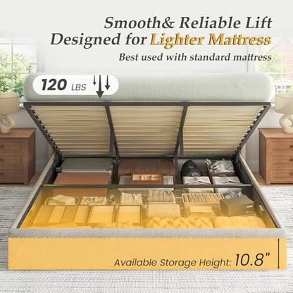 King Size Lift Up Storage Bed Frame, Linen Upholstered King Platform with Button Tufted Wingback Headboard and Under-Bed Storage, Hydraulic Support, No Box Spring Needed, Noise Free, Beige