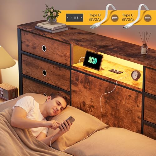 King Size Bed Frame with 9 Drawers and Charging Station,Brown | Storage Headboard Shef,LED Lights,Supports 880 lbs,Noise-Free,No Box Spring Needed,Easy Assembly