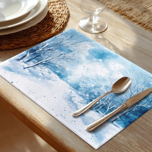 Shrahala Watercolor Winter Landscape Set of 6 12 X 18 Inch Linen Placemats, Blue Snow Fir Snowy Land Burlap Table Mat Washable Double Layered Heat Insulation for Indoor