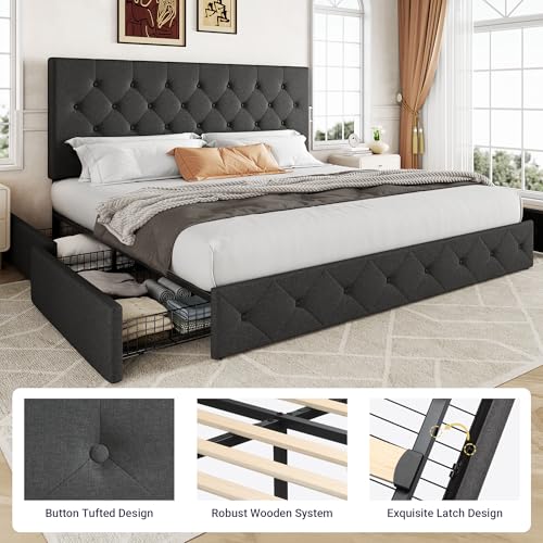 Upholstered King Size Platform Bed Frame with 4 Storage Drawers and Headboard, Diamond Stitched Button Tufted, Mattress Foundation with Wooden Slats Support, No Box Spring Needed, Dark Grey