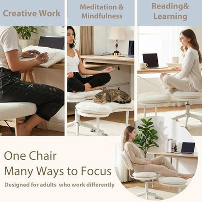 Cross Legged Chair with 360° Swivel Footrest, Criss Cross Office Chair for Plus Size, Teddy Fleece Armless Desk Chair with Wheels, Memory Foam Cozy Active Sitting Chair for Home Office,