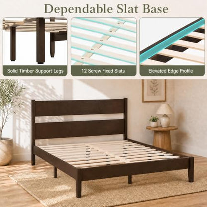 Queen Size Rubber Wood Bed Frame with Tall Headboard, Dark Brown