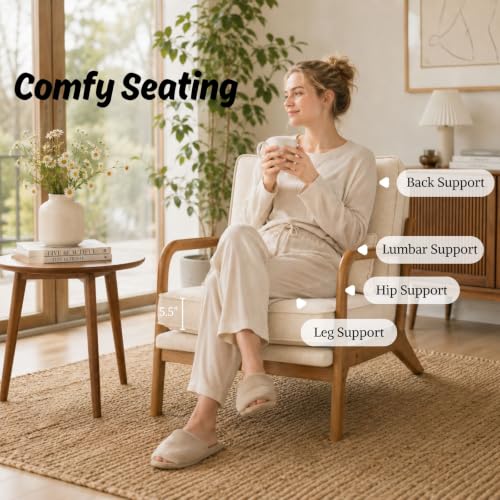 Mid-Century Accent Chairs, Set of 2, Beige Linen with Lumbar Pillow