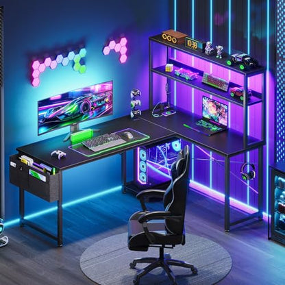 L Shaped Desk Gaming Desk with LED Light & Power Outlet