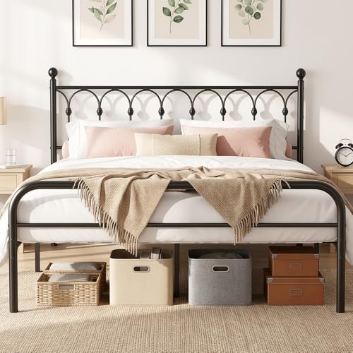 Queen Bed Frame with Headboard, Victorian Metal Platform Bed Frame, Mattress Foundation with Steel Slat Support, Stable & No Noise, Under Foundation Storage, No Box Spring Needed, Easy Assembly