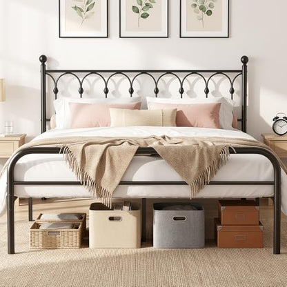 Queen Bed Frame with Headboard, Victorian Metal Platform Bed Frame, Mattress Foundation with Steel Slat Support, Stable & No Noise, Under Foundation Storage, No Box Spring Needed, Easy Assembly