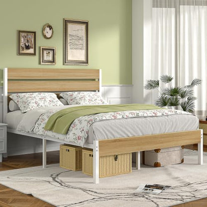 Full Size Bed Frame - Heavy-Duty Metal Platform with Wood Headboard, No Box Spring Needed, Natural Wood