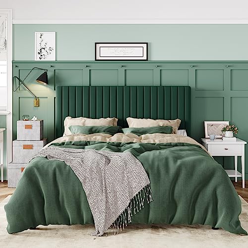 Queen Bed Frame, Velvet Upholstered Platform Bed with Adjustable Vertical Channel Tufted Headboard, Mattress Foundation with Strong Wooden Slats, Box Spring Optional, Easy Assembly, Green