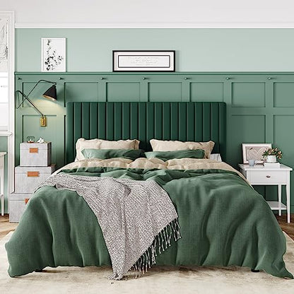 Queen Bed Frame, Velvet Upholstered Platform Bed with Adjustable Vertical Channel Tufted Headboard, Mattress Foundation with Strong Wooden Slats, Box Spring Optional, Easy Assembly, Green
