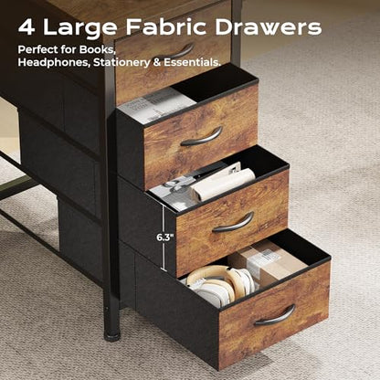 55 Inch L Shaped Desk with Fabric Drawers, Reversible Computer Gaming Desk with Power Outlets and USB-C Port, Adjustable Side Storage Shelves, for Work Corner Home Office, Rustic Brown