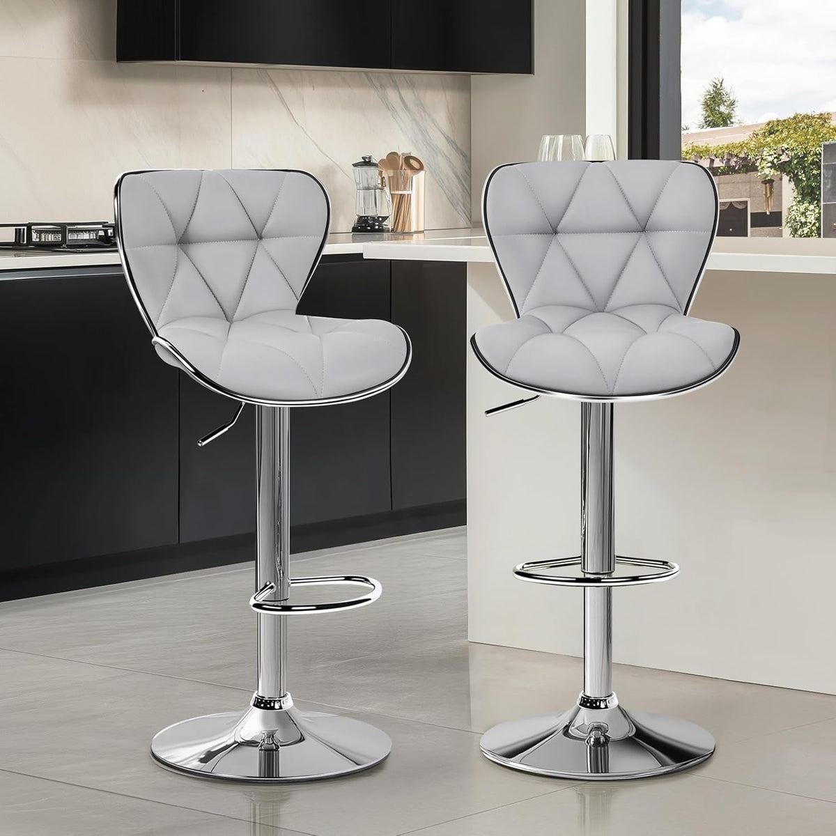 Bar Stools Set of 2, PU Leather Swivel Adjustable Barstools with Shell Back, Bar Chairs with Foma Padded for Home, Kitchen, Light Grey